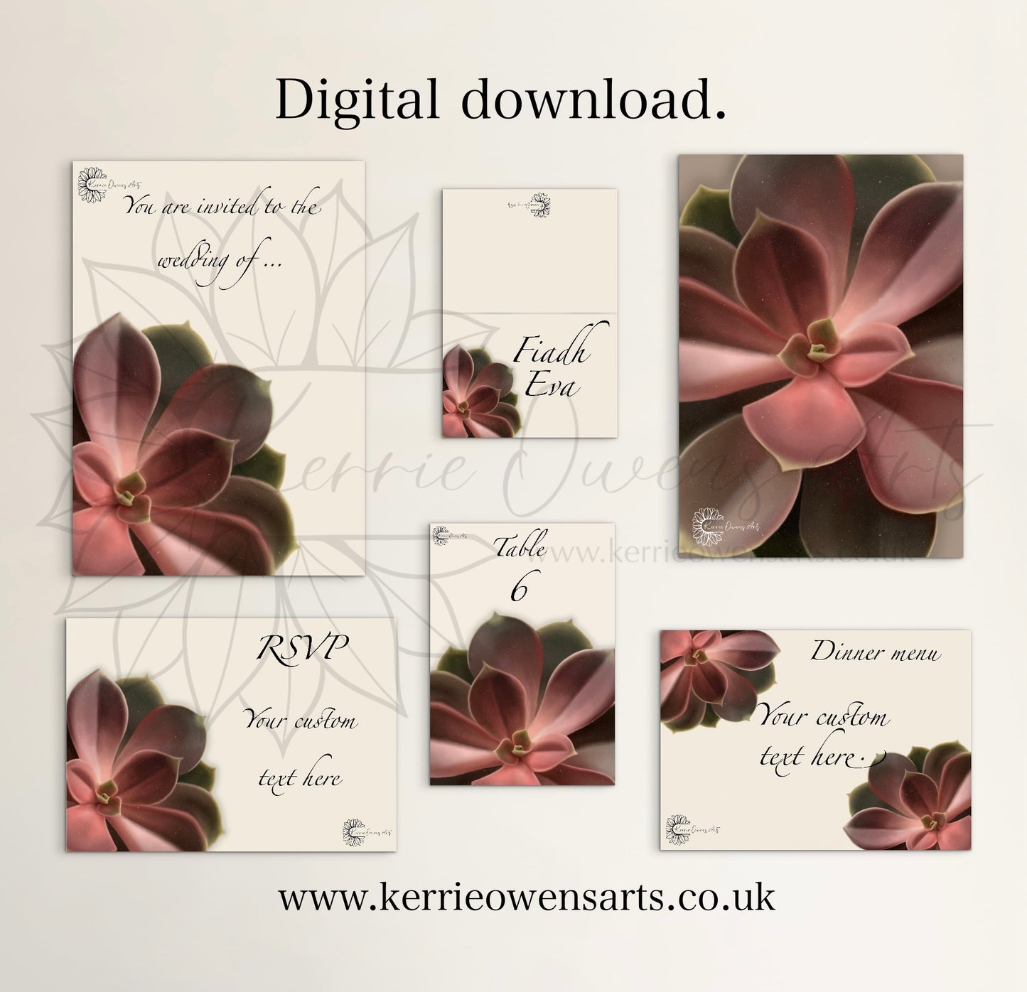 Red ombre succulent wedding/party stationary pack, digital download.