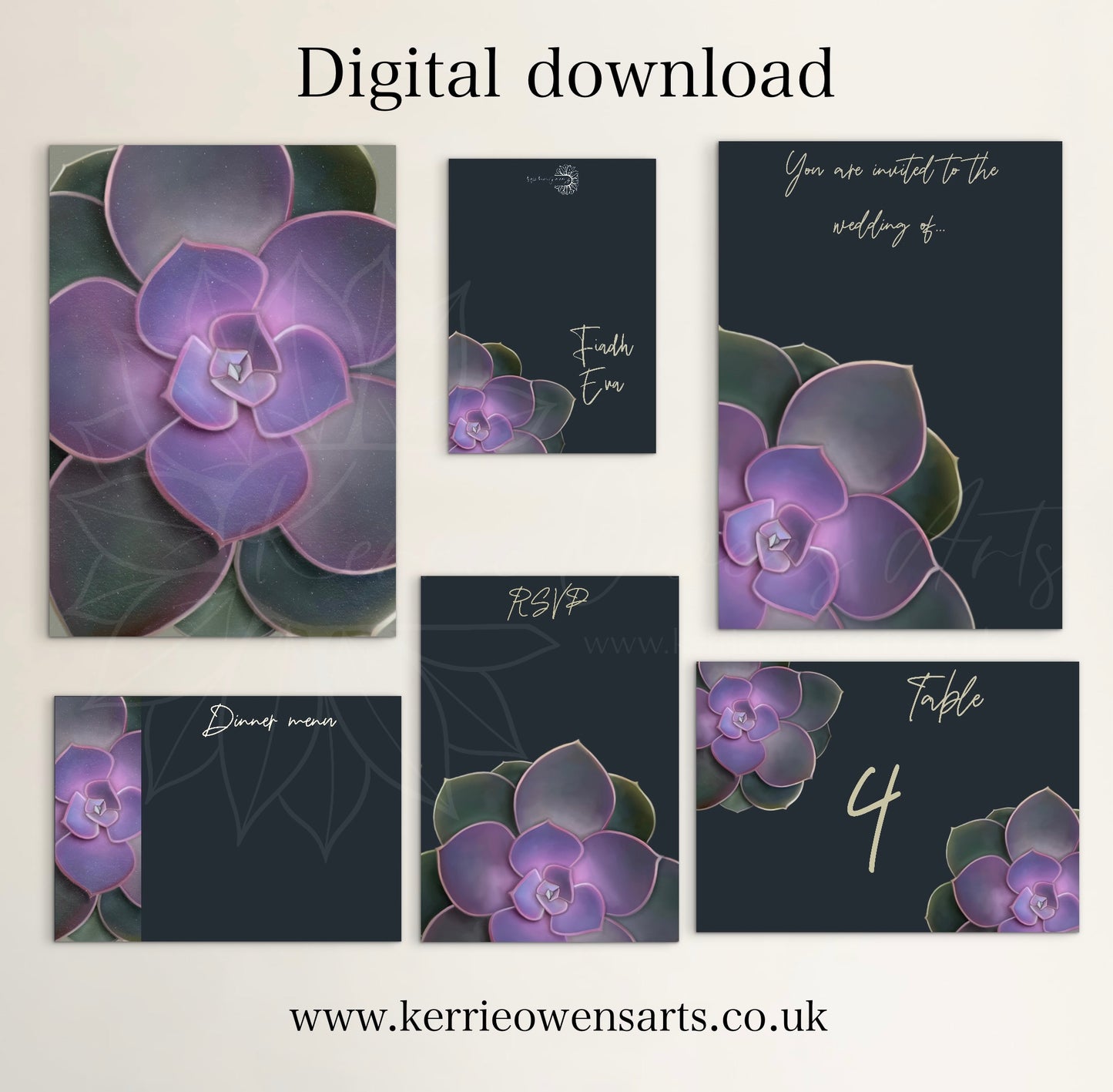 Purple to green succulent wedding/party stationary pack, digital download.