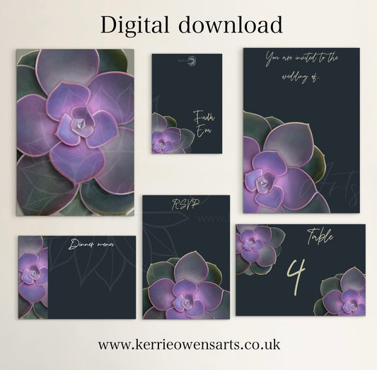 Purple to green succulent wedding/party stationary pack, digital download.
