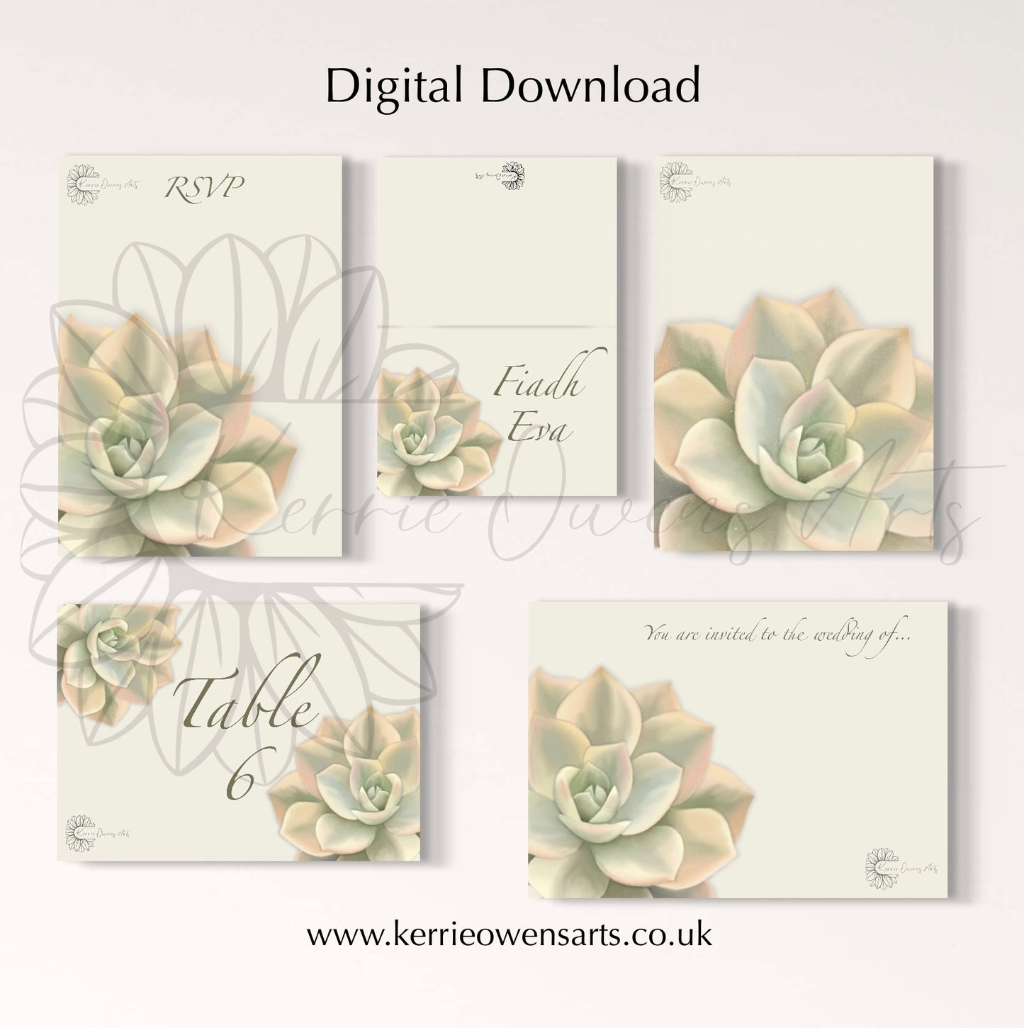 Light green succulent wedding/party stationary pack, digital download.