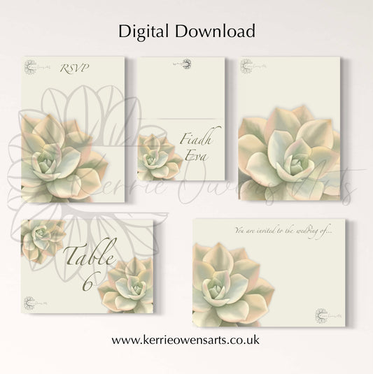 Light green succulent wedding/party stationary pack, digital download.
