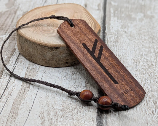 Walnut wood handmade bookmark with fehu Norse rune laser print.