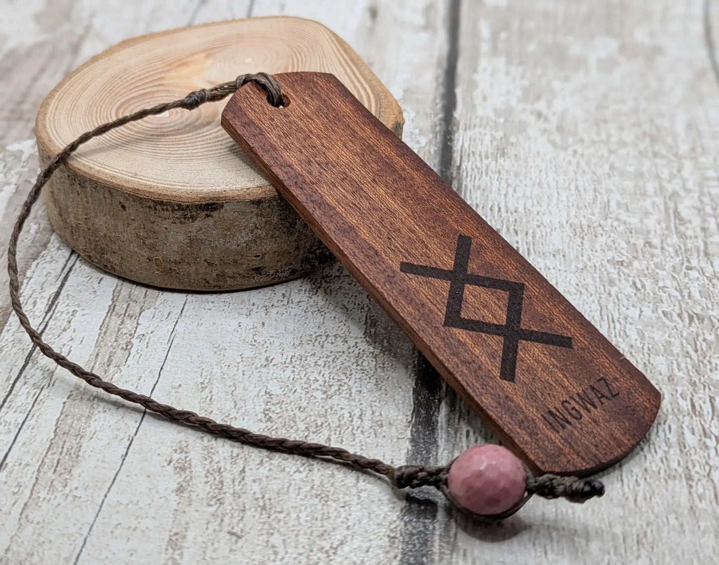 Walnut wood hand made bookmark with inhwaz rune laser print.