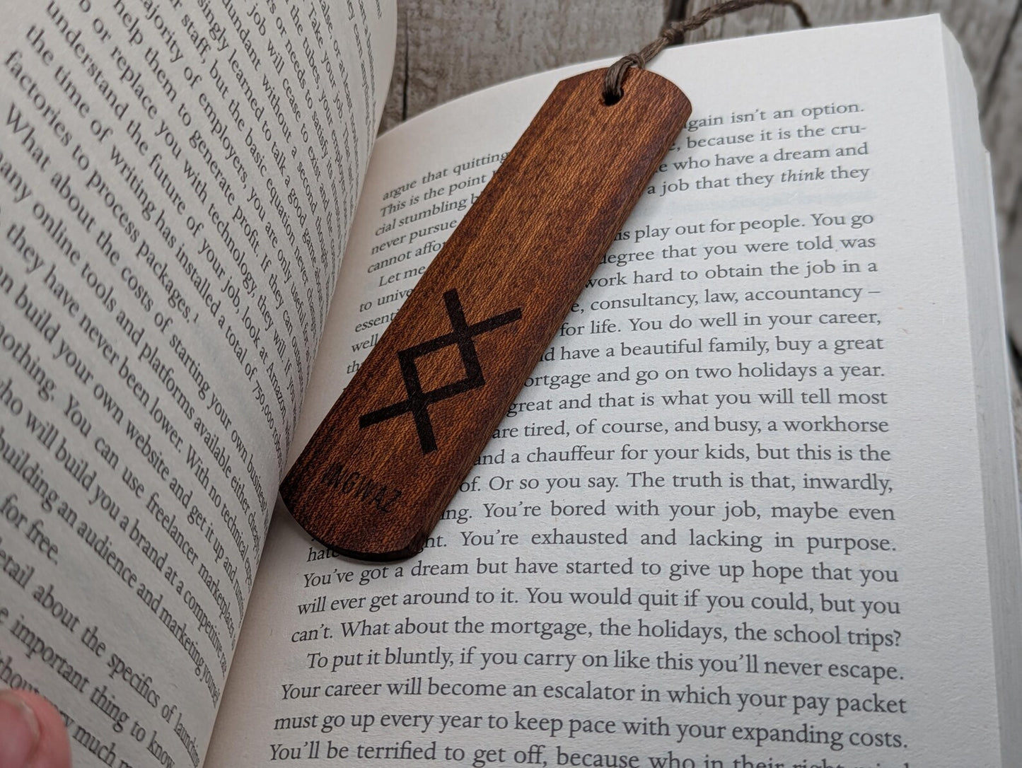 Walnut wood hand made bookmark with inhwaz rune laser print.