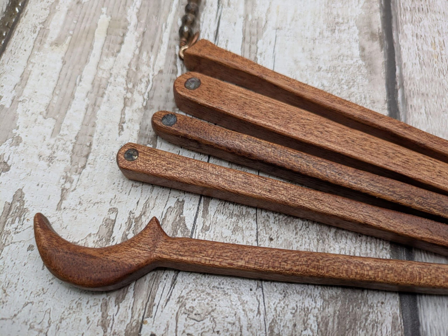 Sapele mahogany hair pin with Smokey quartz charm.