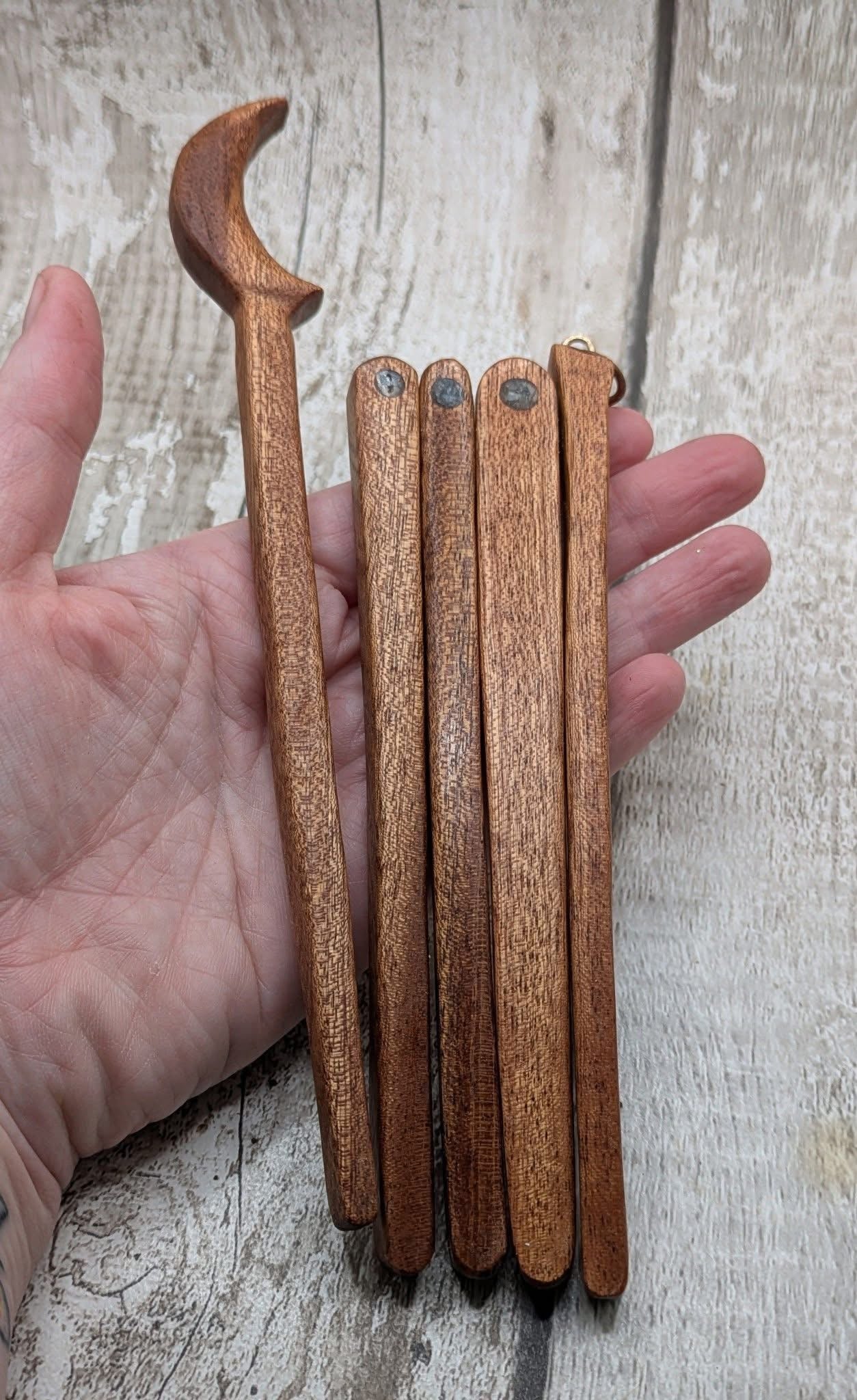 Sepele mahogany wood hair pin with Ethiopian opal inlay.