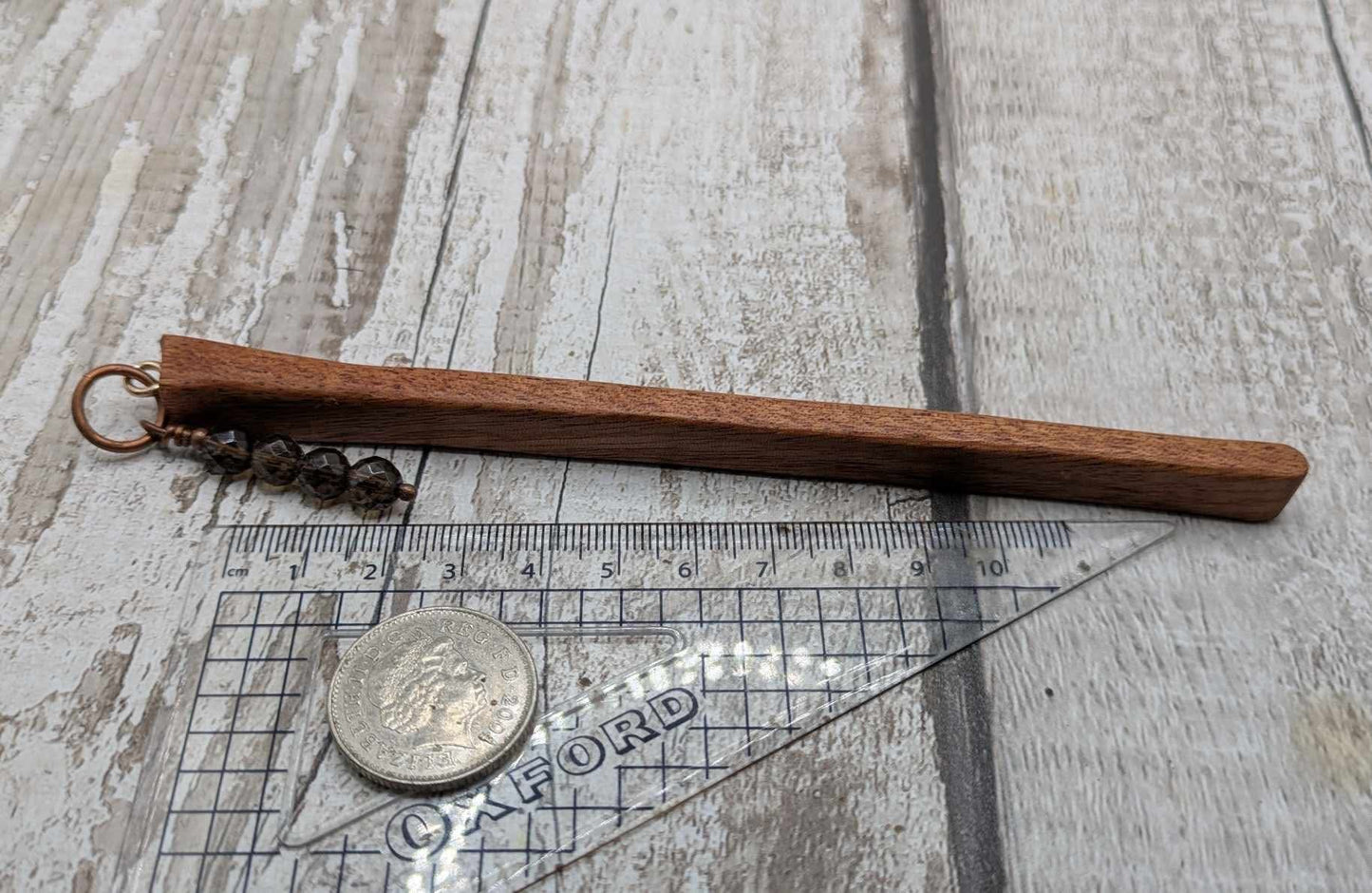 Sapele mahogany hair pin with Smokey quartz charm.