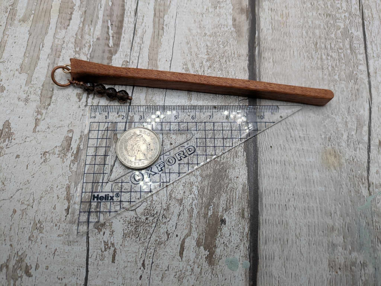 Sapele mahogany hair pin with Smokey quartz charm.