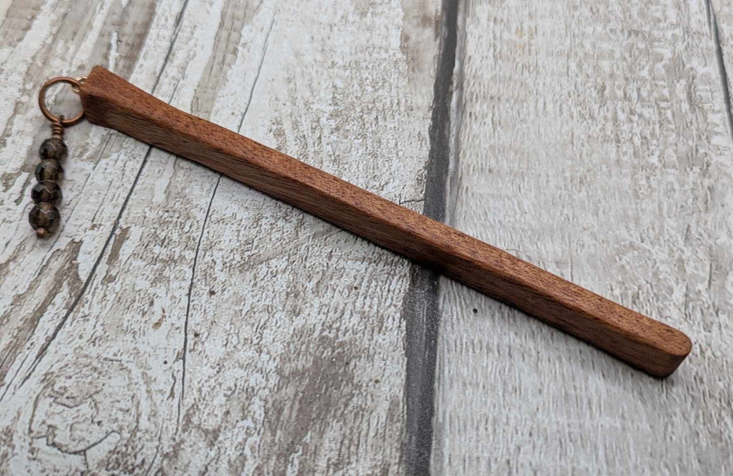 Sapele mahogany hair pin with Smokey quartz charm.