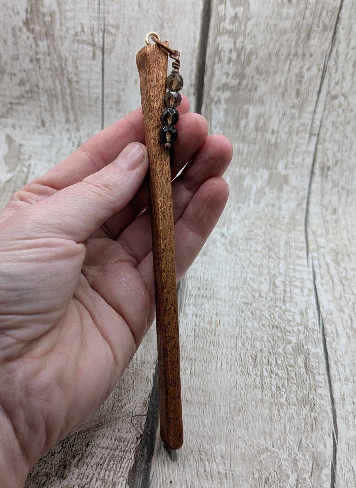 Sapele mahogany hair pin with Smokey quartz charm.