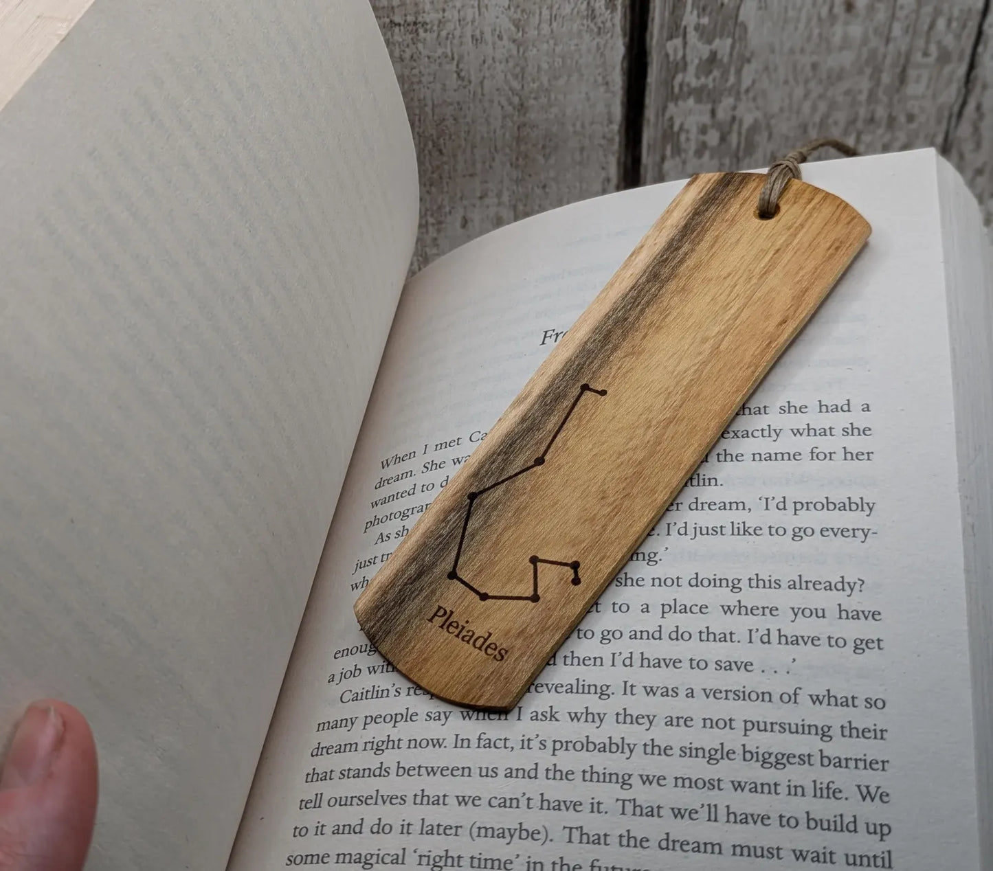 Laburnum wood hand made bookmark with Pleiades constellation laser print.