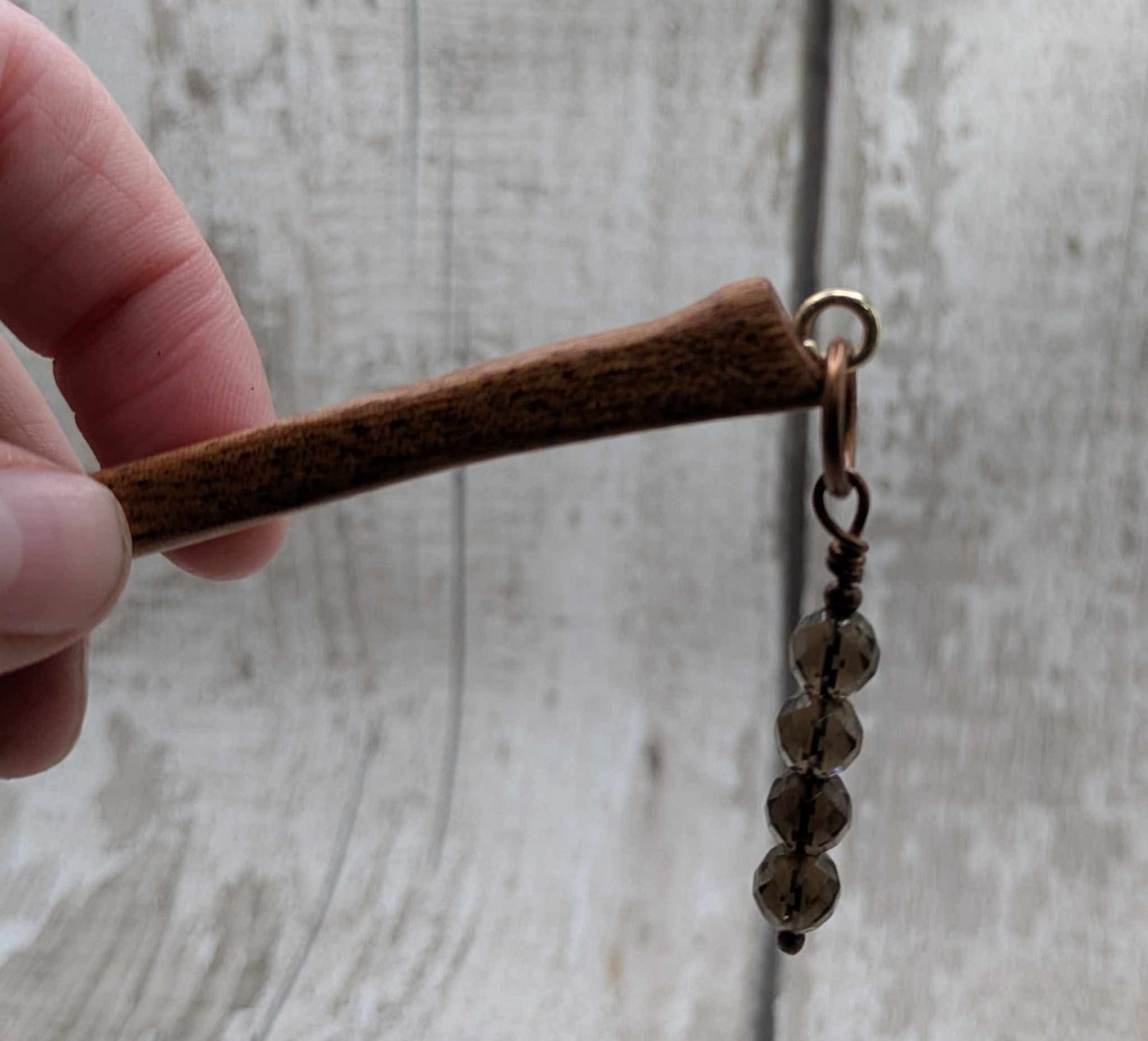 Sapele mahogany hair pin with Smokey quartz charm.