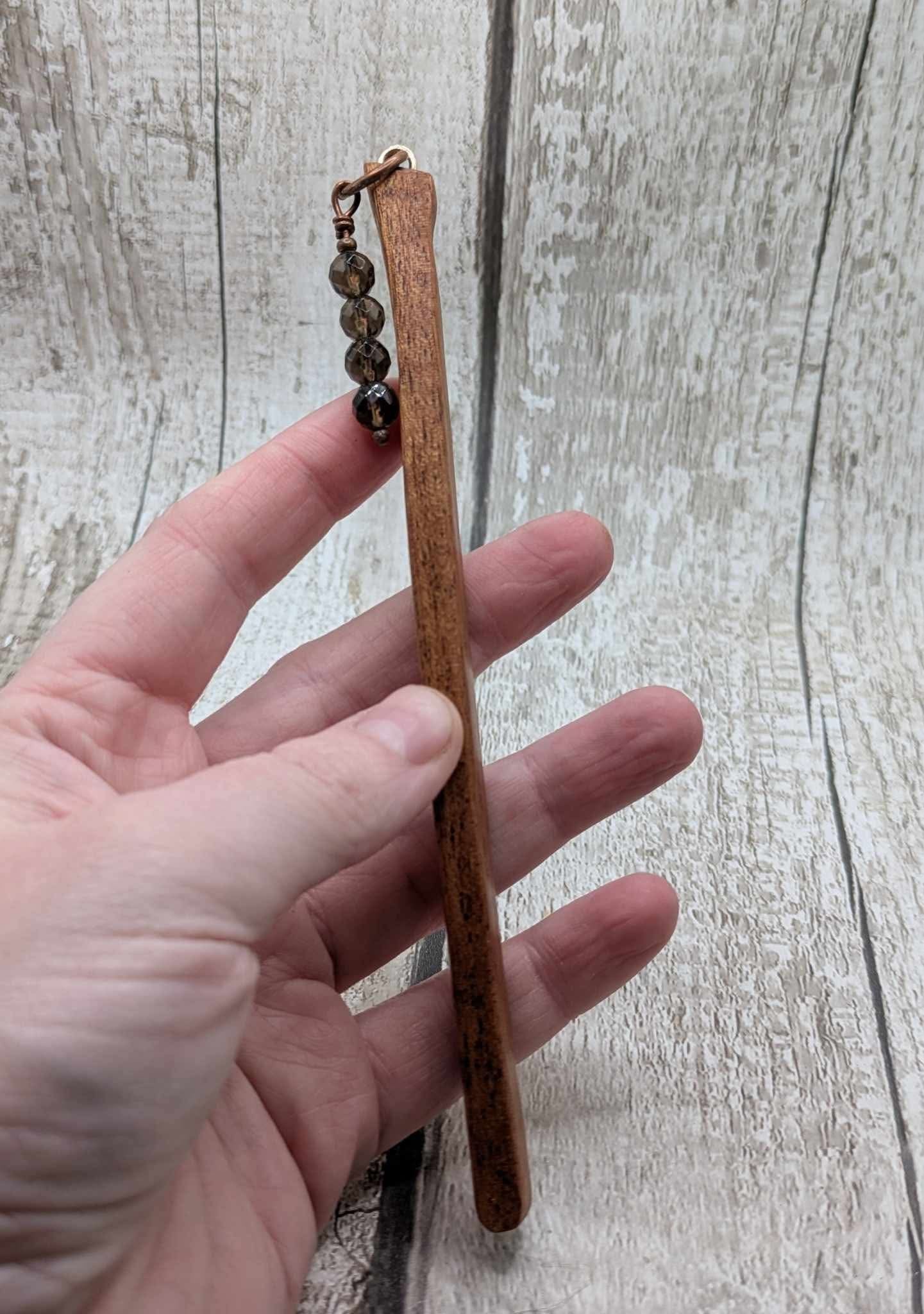 Sapele mahogany hair pin with Smokey quartz charm.