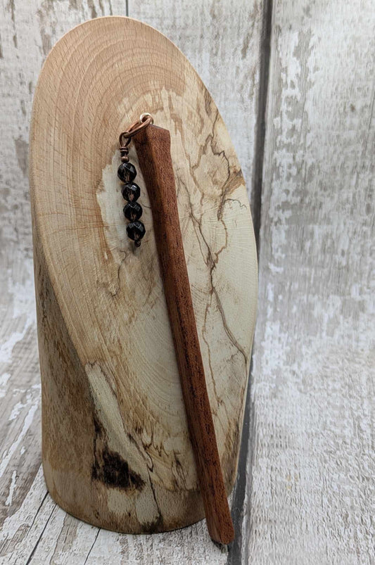 Sapele mahogany hair pin with Smokey quartz charm.