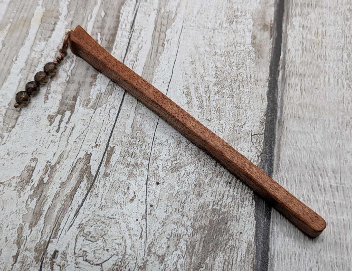 Sapele mahogany hair pin with Smokey quartz charm.