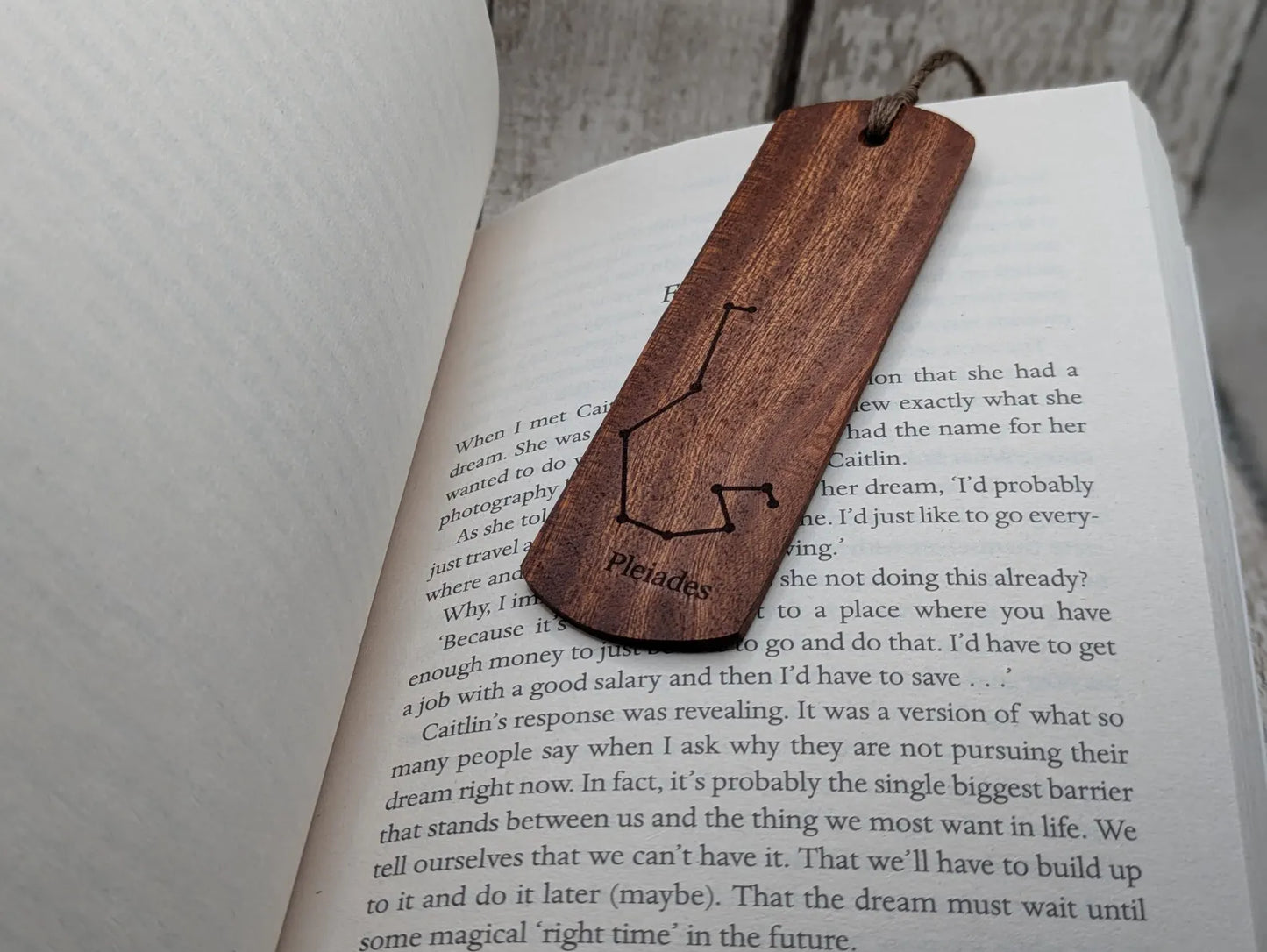 Walnut wood hand made bookmark with laser printed Pleiades constellation.