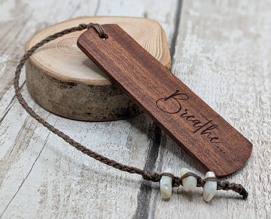Walnut wood hand made bookmark with breathe laser printed mantra.