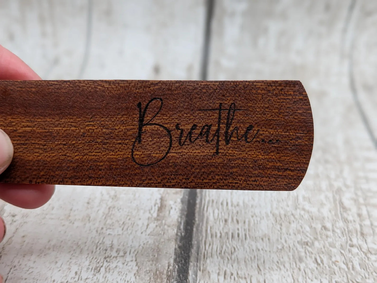 Walnut wood hand made bookmark with breathe laser printed mantra.