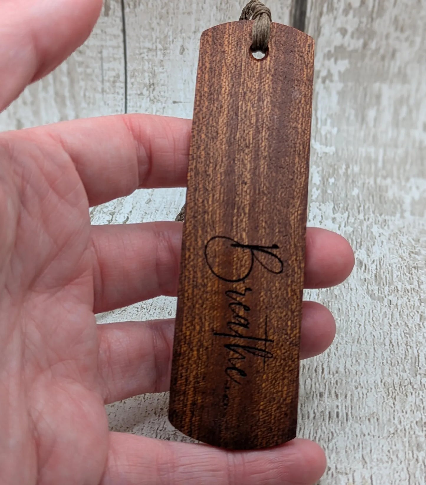 Walnut wood hand made bookmark with breathe laser printed mantra.