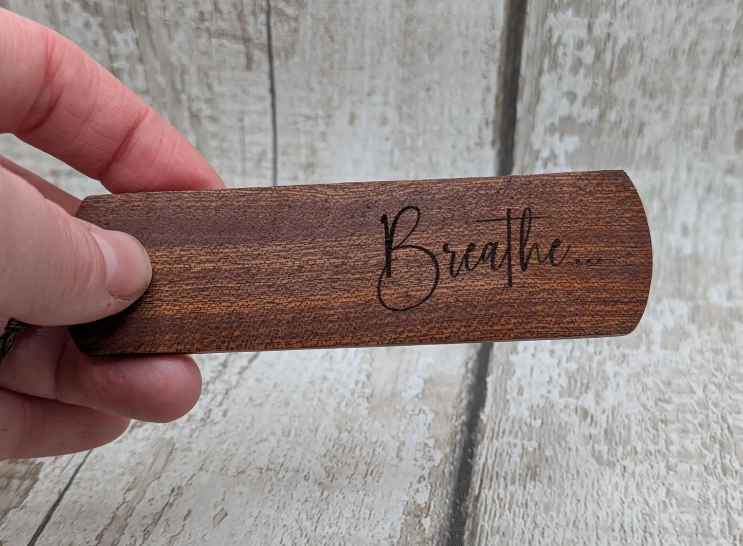 Walnut wood hand made bookmark with breathe laser printed mantra.