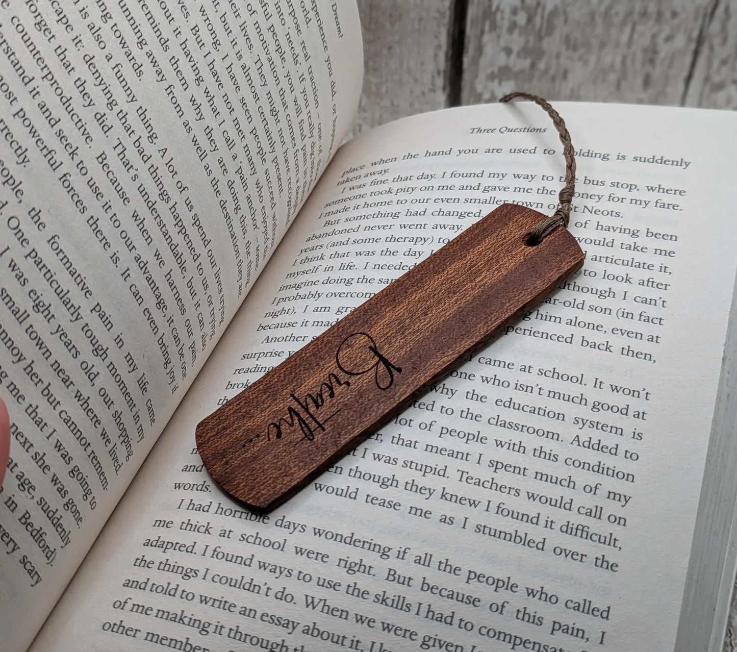 Walnut wood hand made bookmark with breathe laser printed mantra.