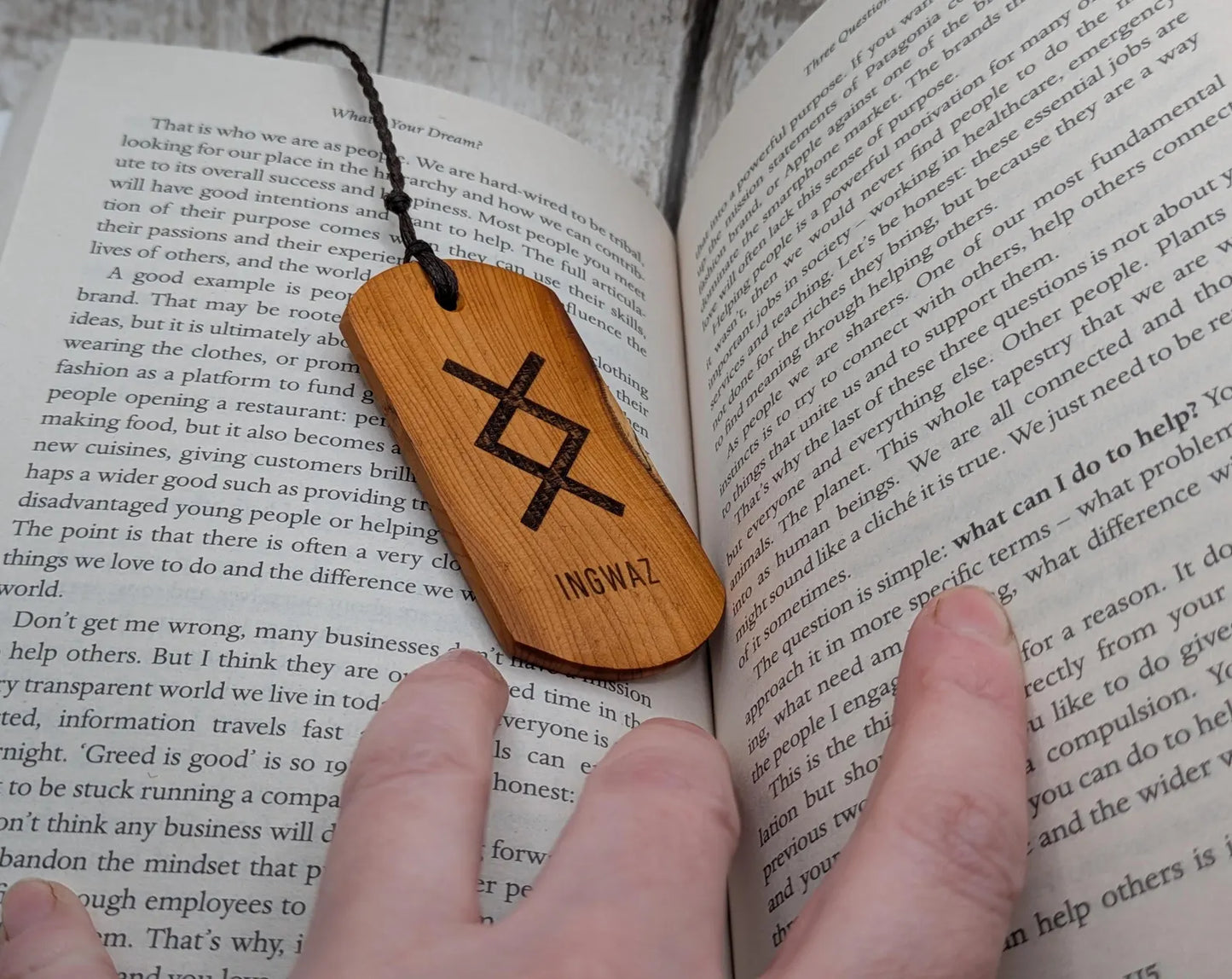 Inhwaz Norse rune laser printed on yew wood hand made bookmark.