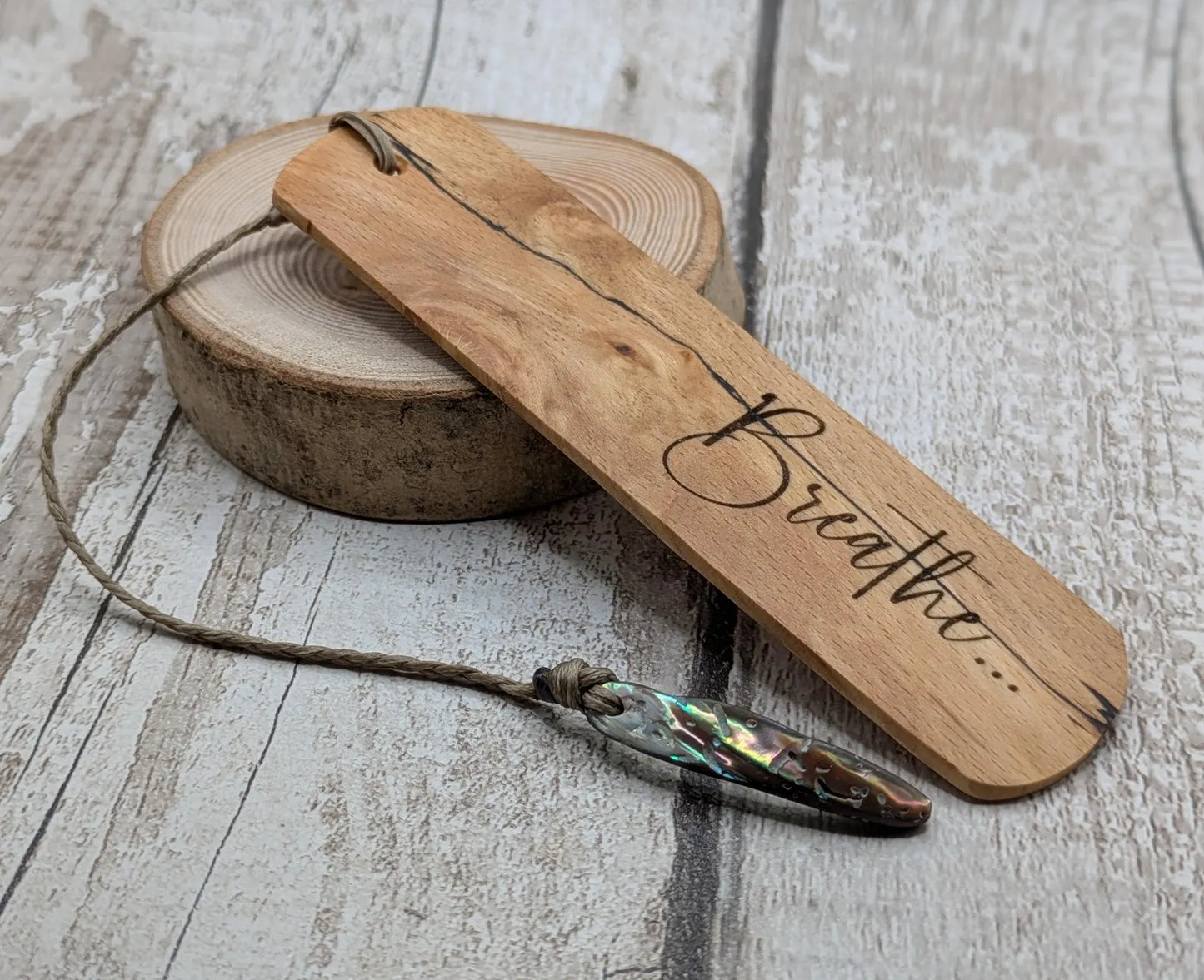 Breathe wood carved and laser printed bookmark.