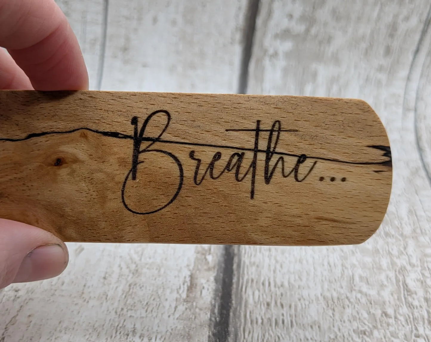 Breathe wood carved and laser printed bookmark.
