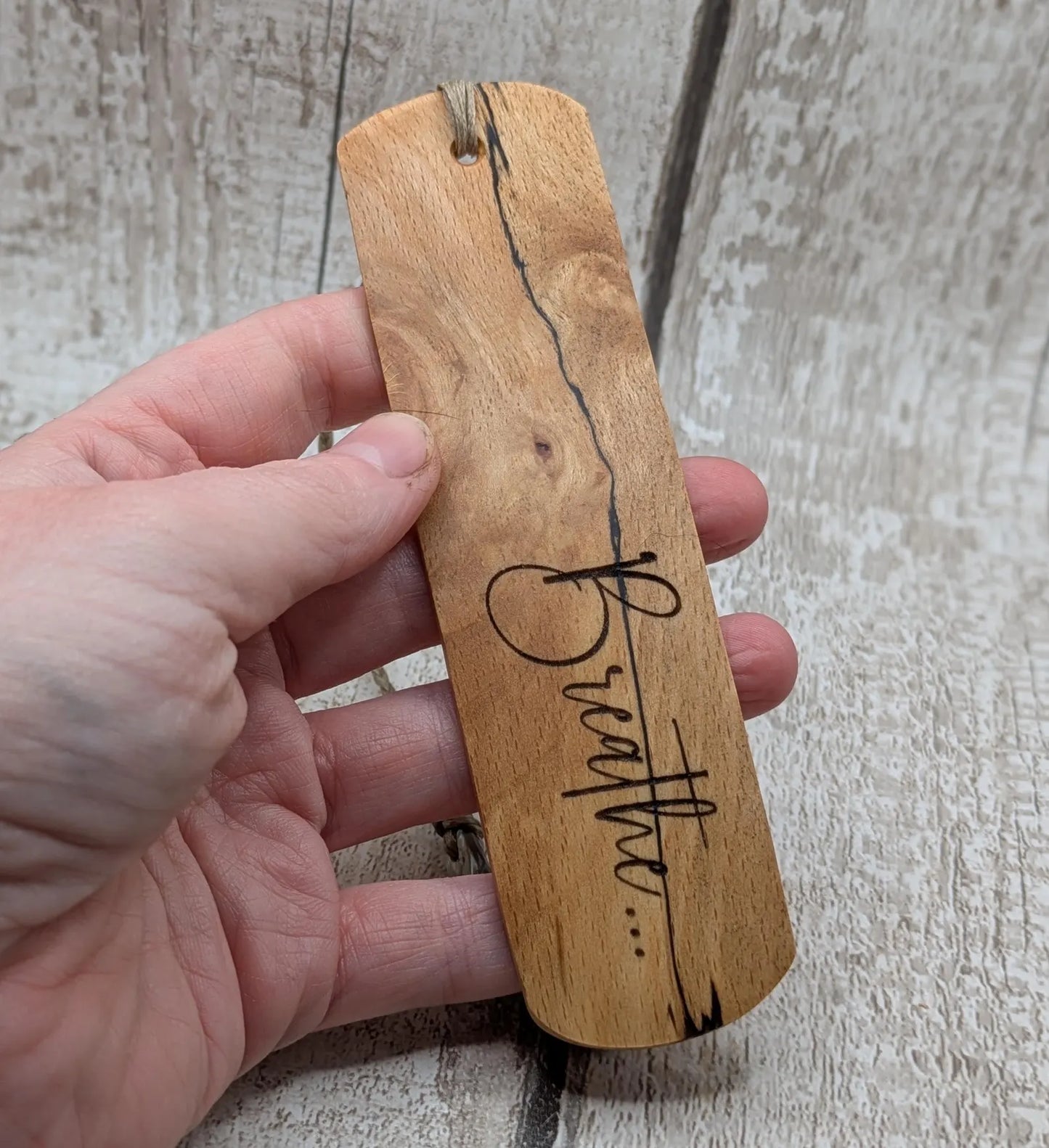 Breathe wood carved and laser printed bookmark.