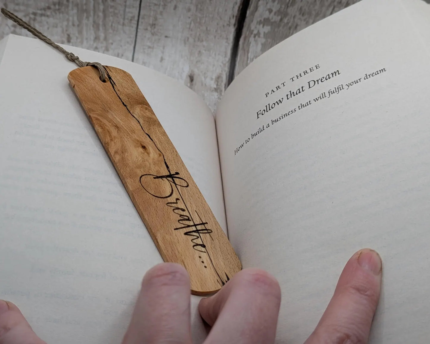 Breathe wood carved and laser printed bookmark.