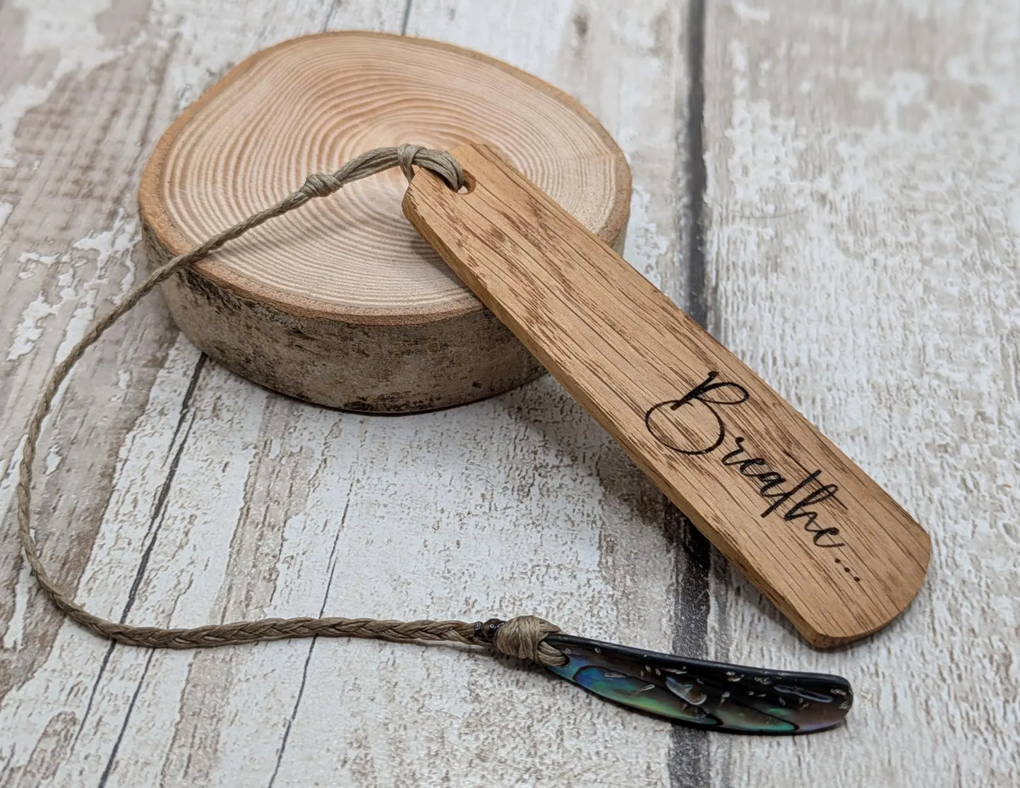 Breathe wood carved and laser printed bookmark.
