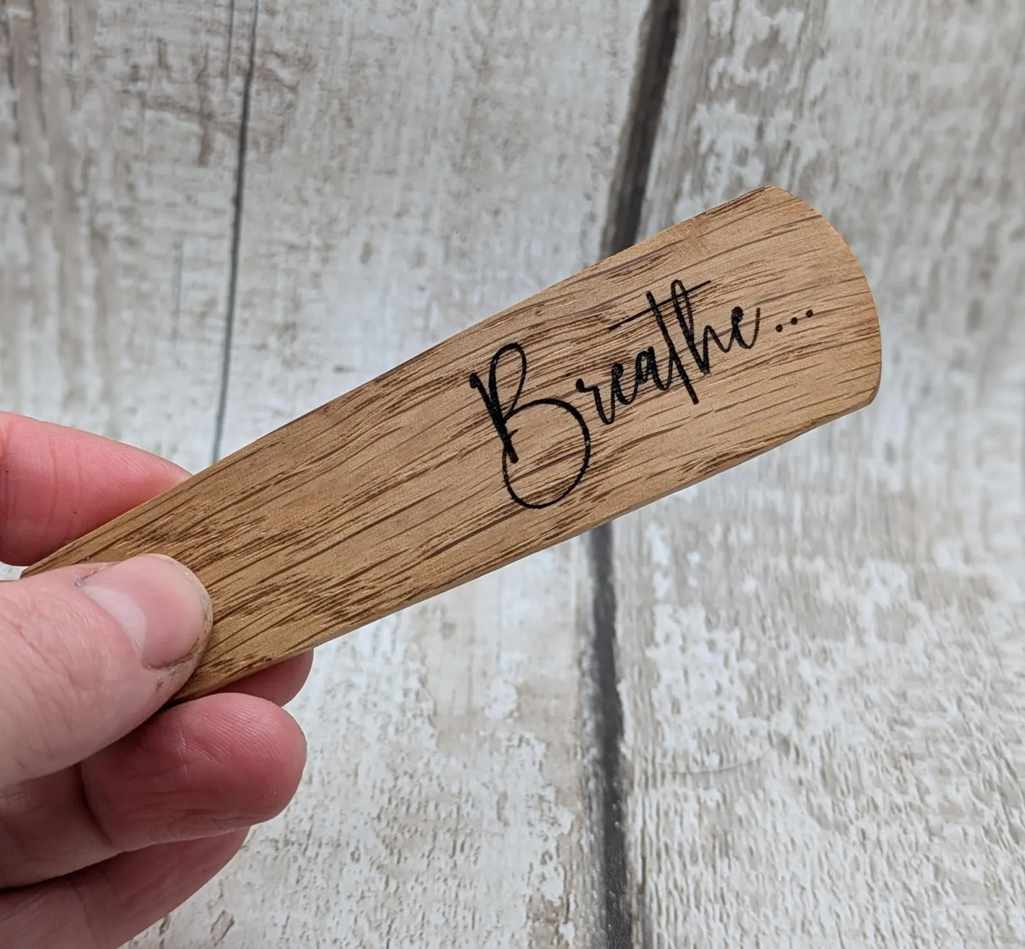 Breathe wood carved and laser printed bookmark.