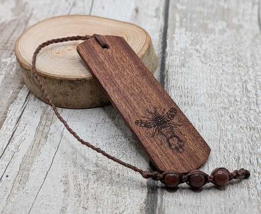 Walnut wood hand made bookmark with laser printed bumble bee design.