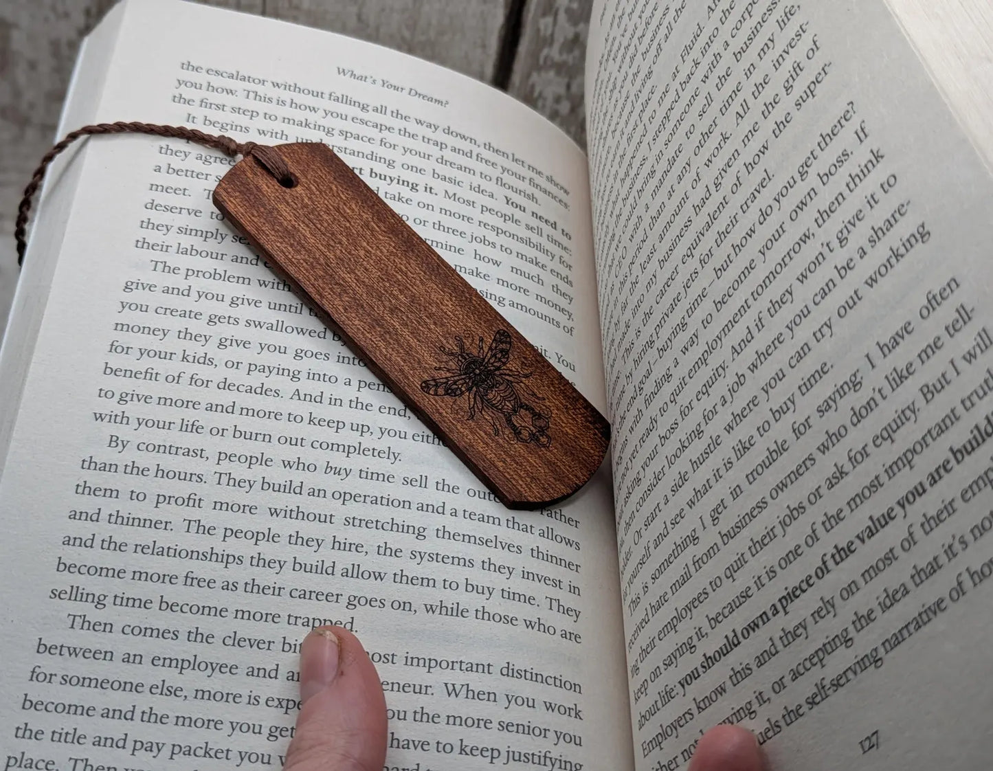 Walnut wood hand made bookmark with laser printed bumble bee design.