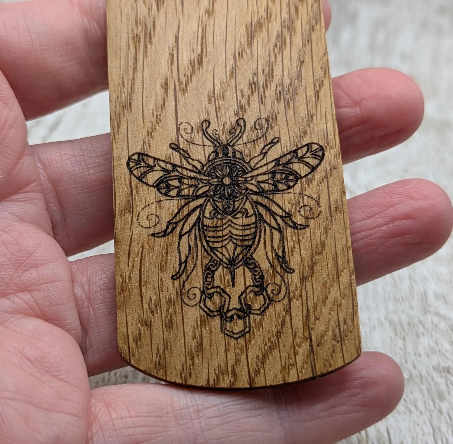 Oak wood hand made bookmark with bumble bee laser print.
