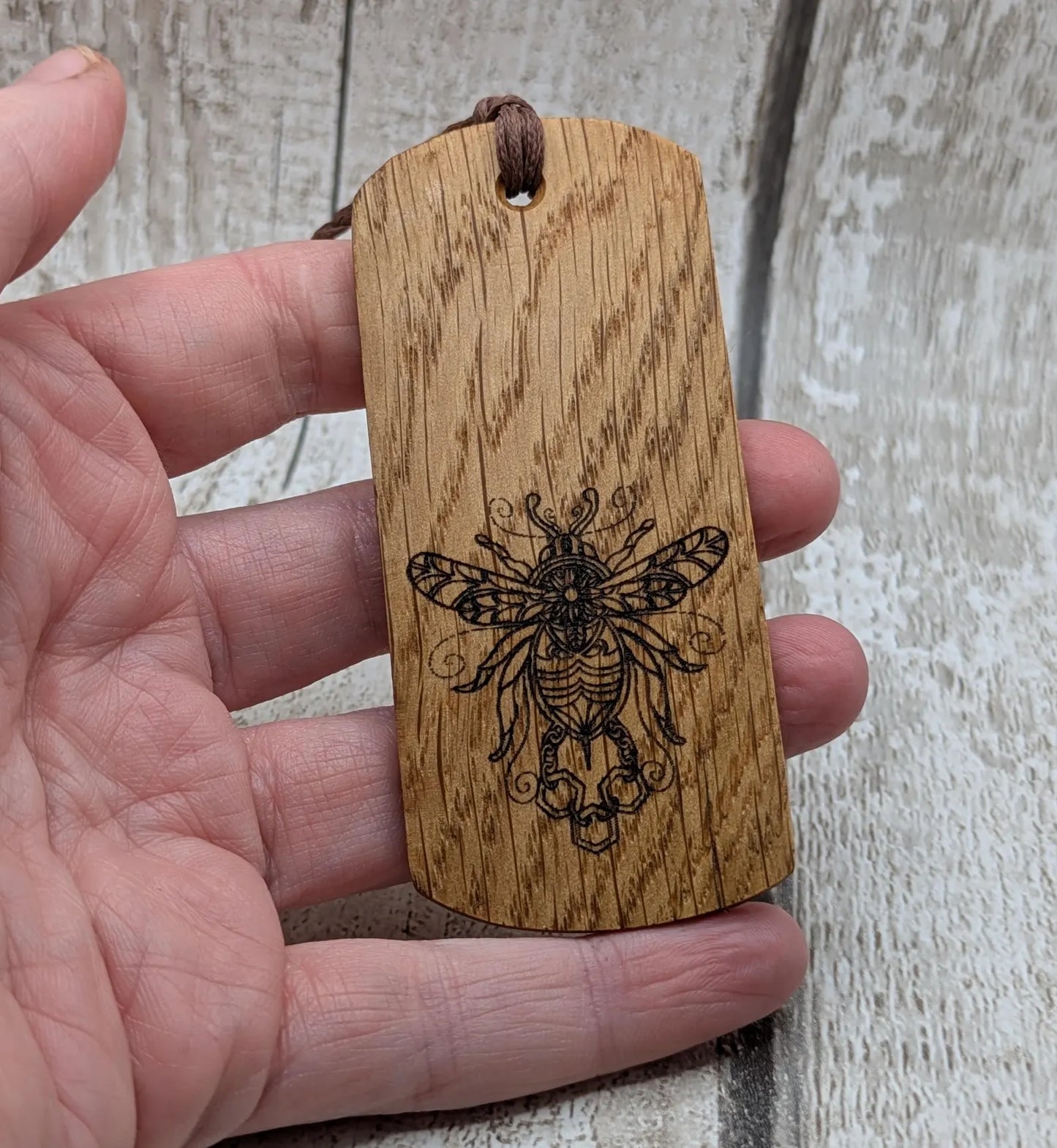 Oak wood hand made bookmark with bumble bee laser print.