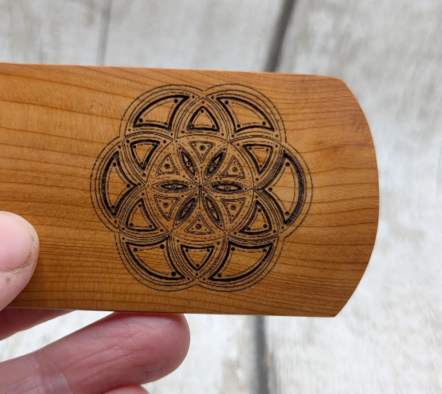 Yew wood hand made bookmark with geometric laser print