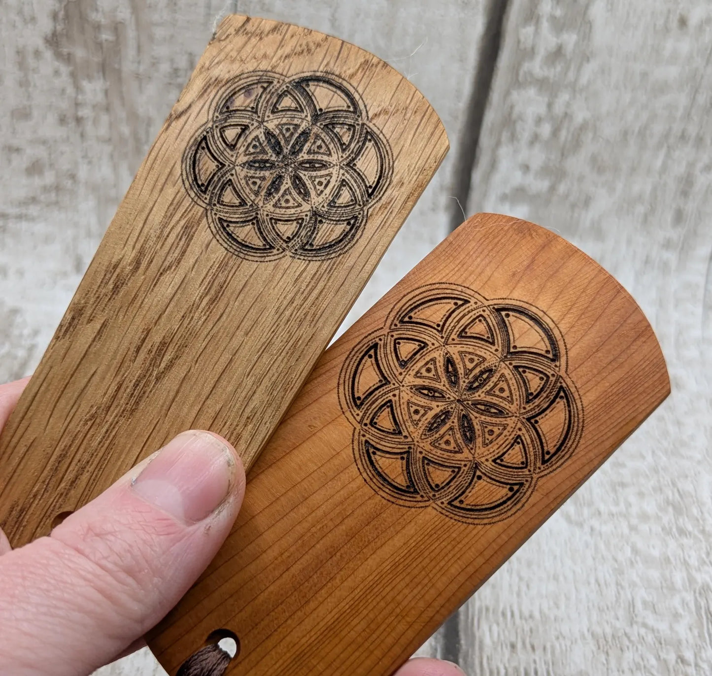 Oak wood hand made bookmark with a geometric laser print.