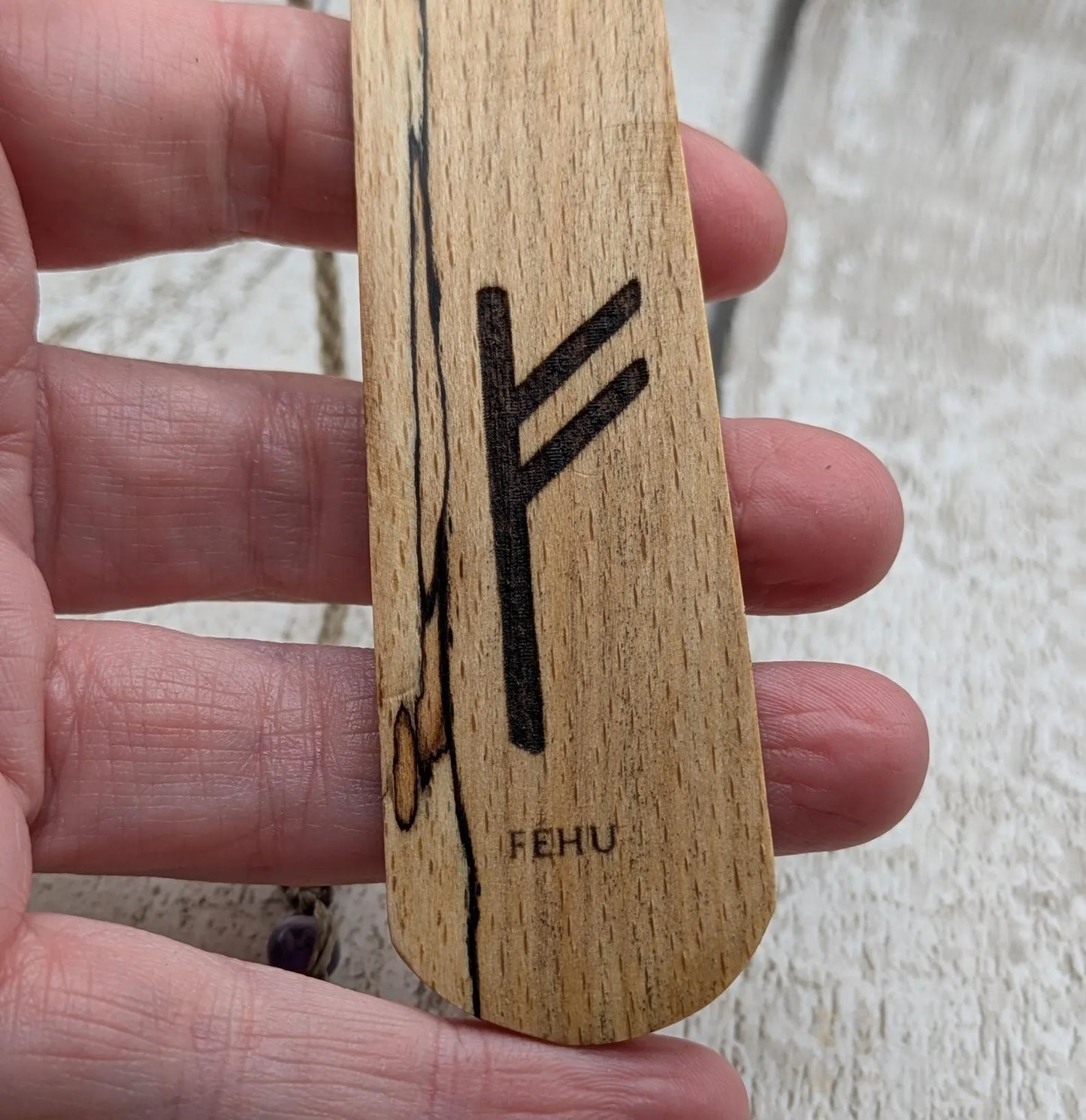 Spalted beech wood handmade fehu rune bookmark.