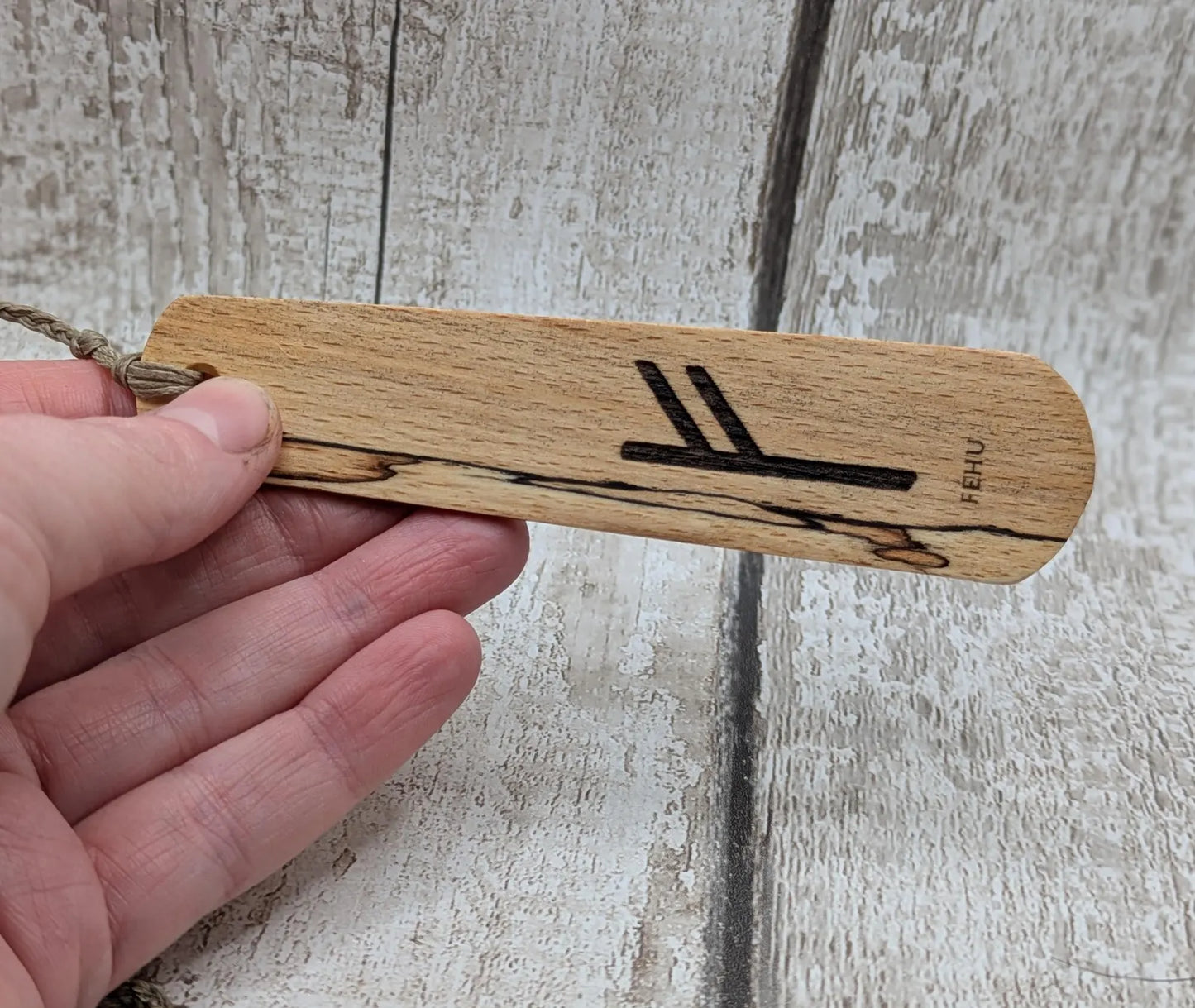 Spalted beech wood handmade fehu rune bookmark.