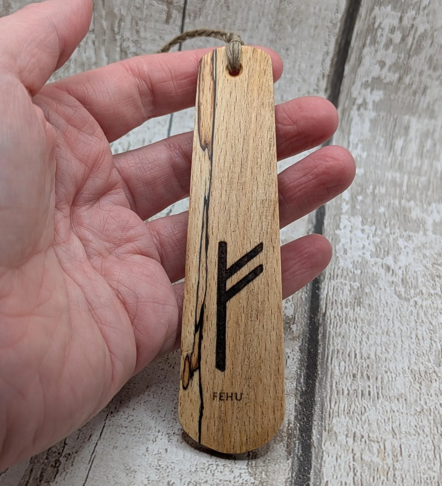 Spalted beech wood handmade fehu rune bookmark.