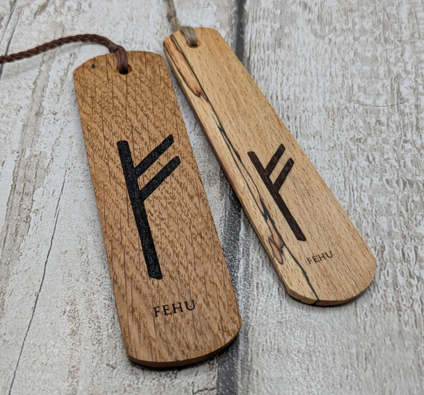 Spalted beech wood handmade fehu rune bookmark.