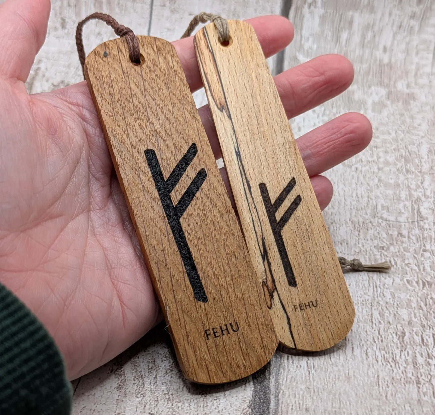 Spalted beech wood handmade fehu rune bookmark.