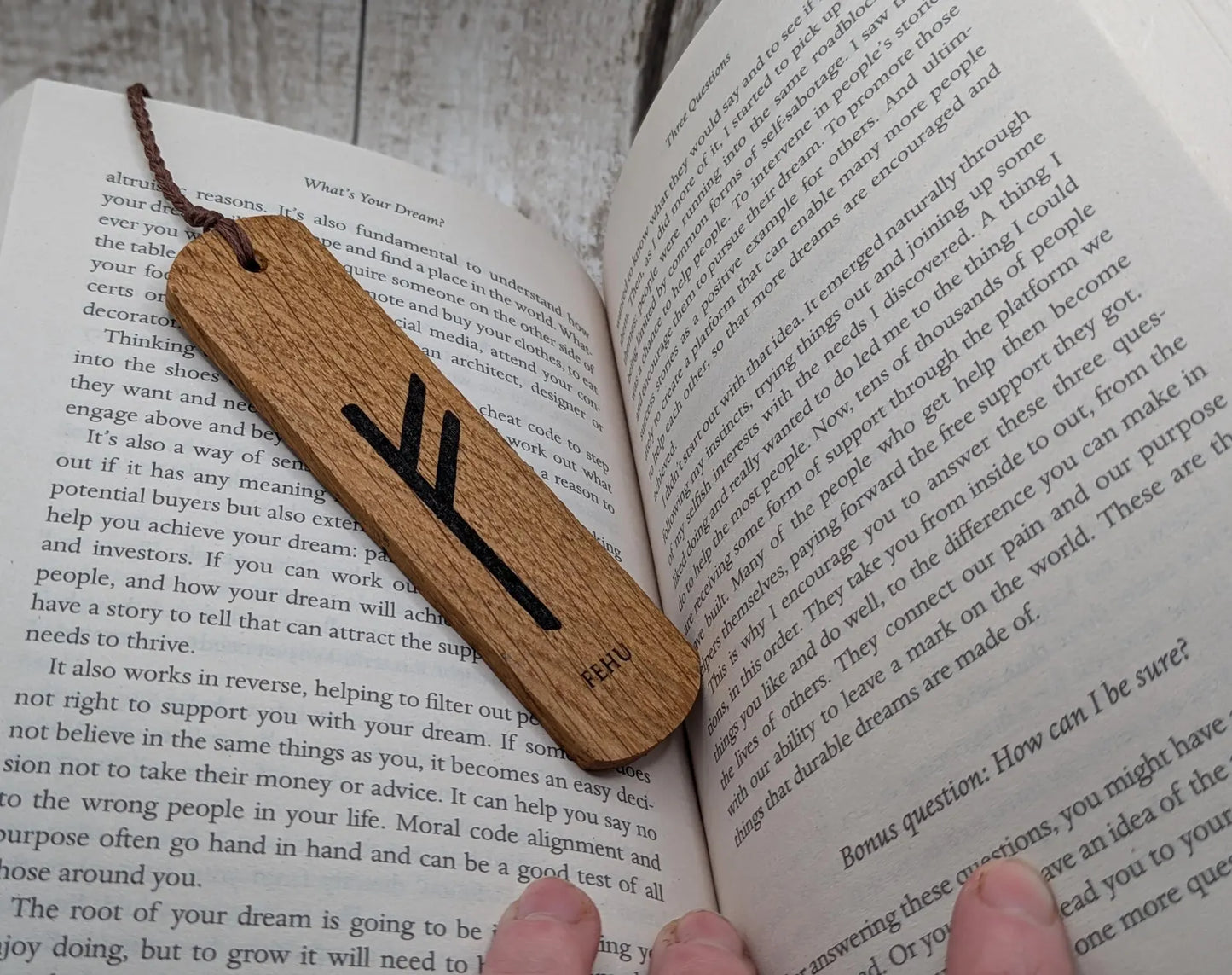 Handmade oak wood fehu rune bookmark.
