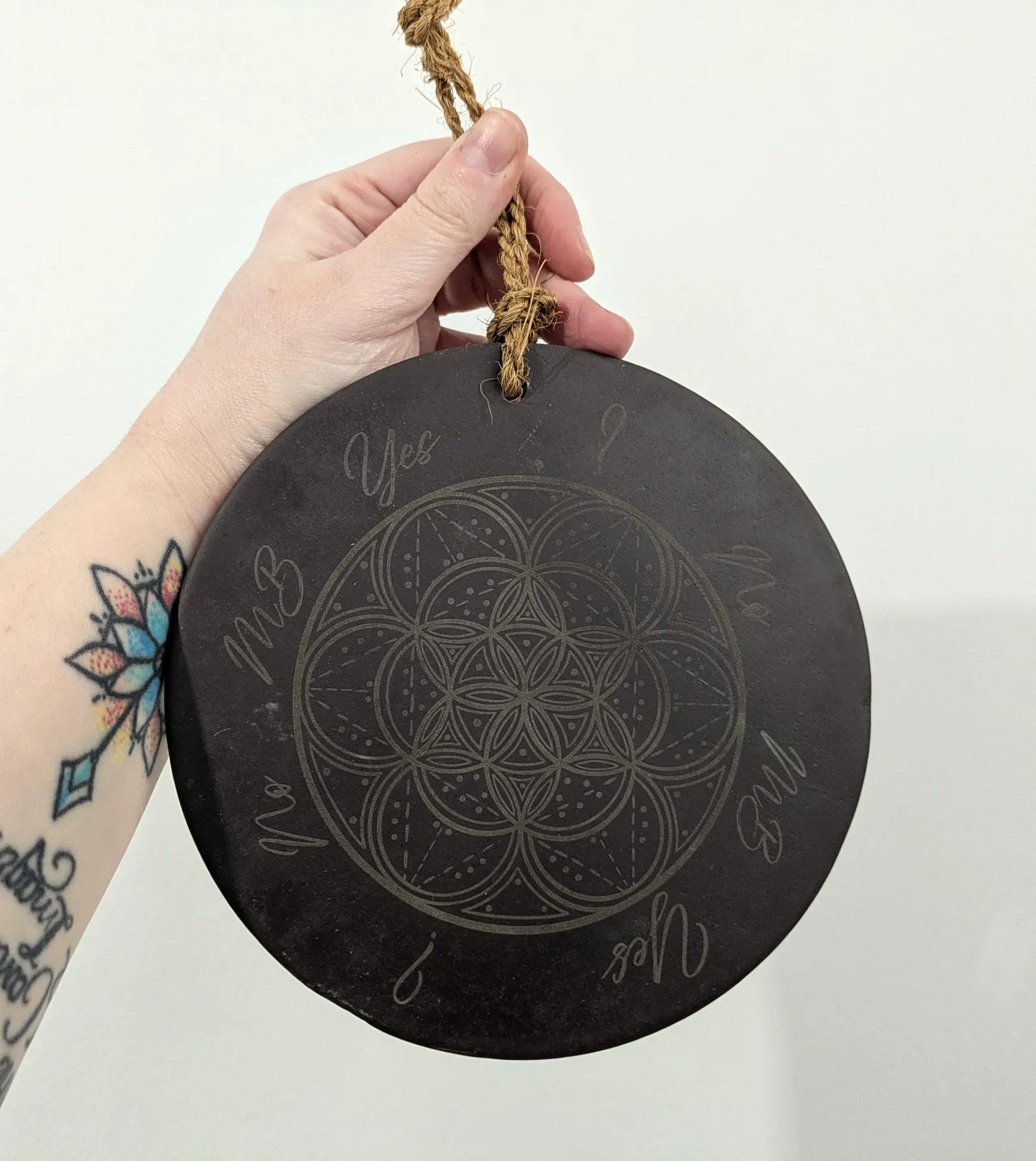 Welsh slate geometric print pendulum dowsing board with incense holder.
