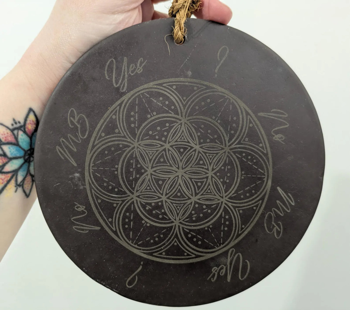 Welsh slate geometric print pendulum dowsing board with incense holder.
