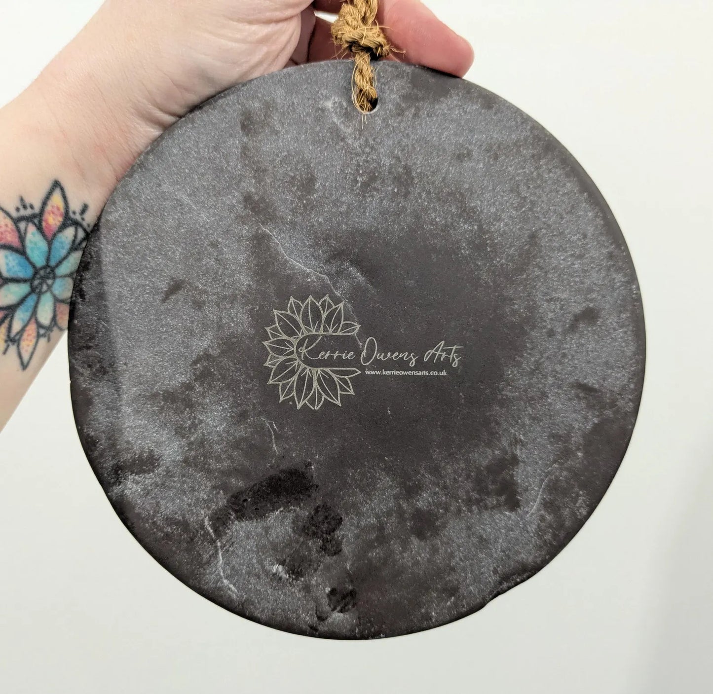 Welsh slate geometric print pendulum dowsing board with incense holder.