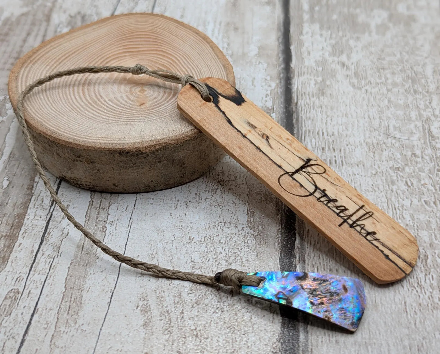 Spalted beech hand made wooden bookmark with laser printed breath mantra.