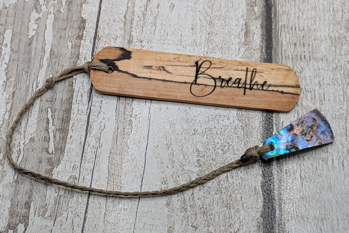Spalted beech hand made wooden bookmark with laser printed breath mantra.