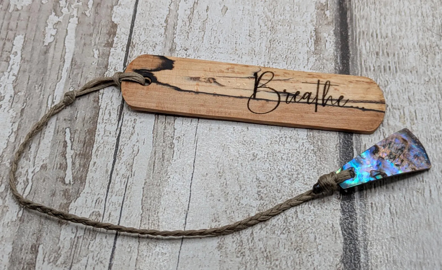 Spalted beech hand made wooden bookmark with laser printed breath mantra.